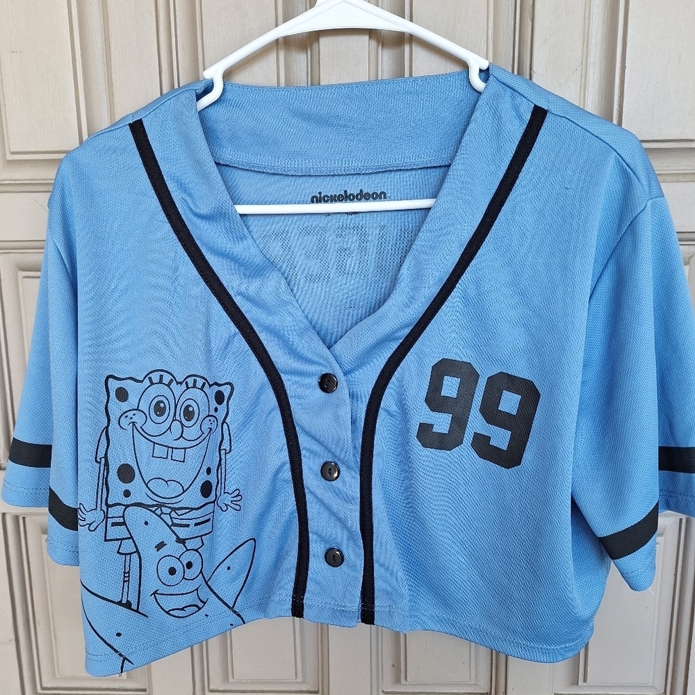 Kids Size Large Nickelodeon  Crop Top Baby Blue Sport Look "99 Sponge Bob"